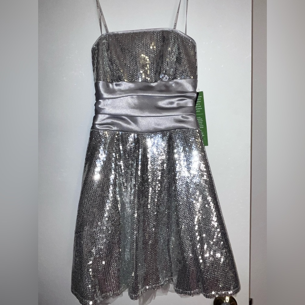 Strapless silver sequined dress